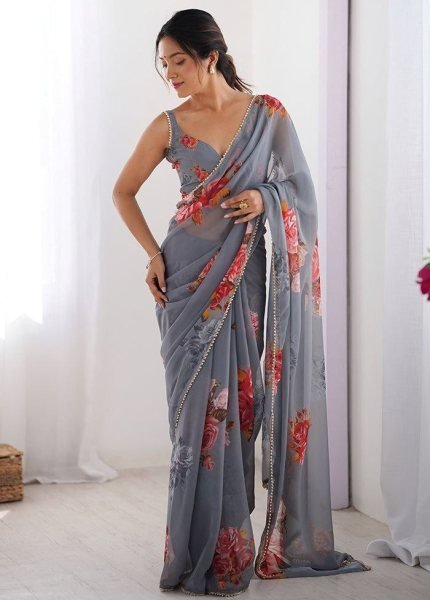 Artisanal Grey Designer Georgette Saree with Stylish Embroidery and Pearl Border Work Printed Cotton Sarees Wholesale