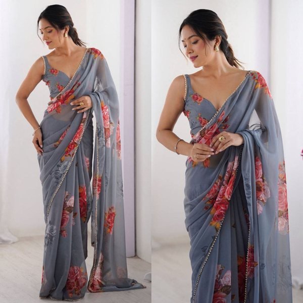 Artisanal Grey Designer Georgette Saree with Stylish Embroidery and Pearl Border Work Printed Cotton Sarees Wholesale