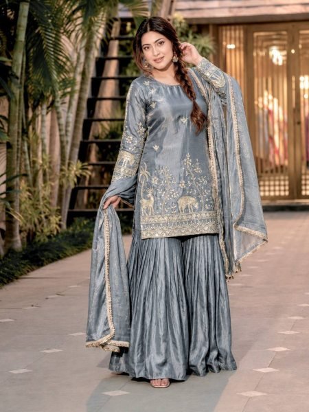 Artisanal Grey Frendy Silk Embroidered Kurti Sharara Set with Designer Dupatta 