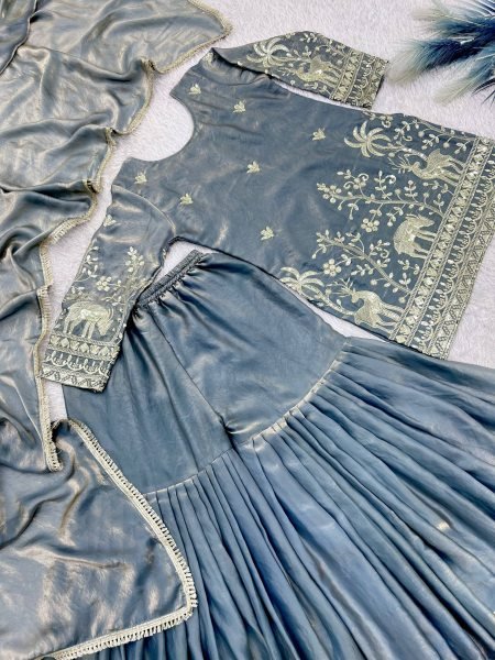 Artisanal Grey Frendy Silk Embroidered Kurti Sharara Set with Designer Dupatta Ready To Wear Collection