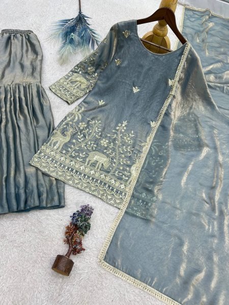 Artisanal Grey Frendy Silk Embroidered Kurti Sharara Set with Designer Dupatta Ready To Wear Collection