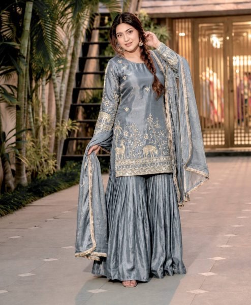 Artisanal Grey Frendy Silk Embroidered Kurti Sharara Set with Designer Dupatta Ready To Wear Collection