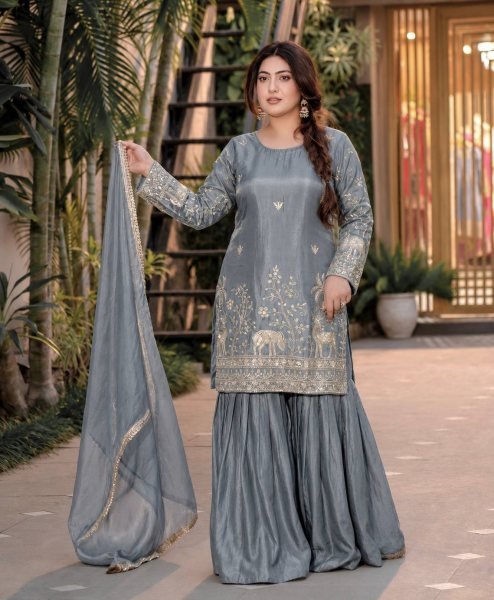 Artisanal Grey Frendy Silk Embroidered Kurti Sharara Set with Designer Dupatta Ready To Wear Collection