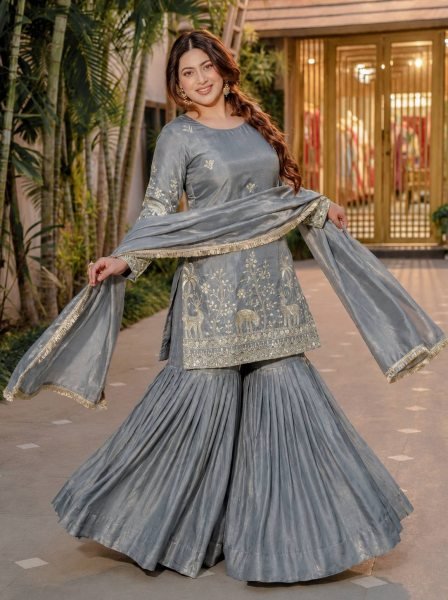 Artisanal Grey Frendy Silk Embroidered Kurti Sharara Set with Designer Dupatta Ready To Wear Collection