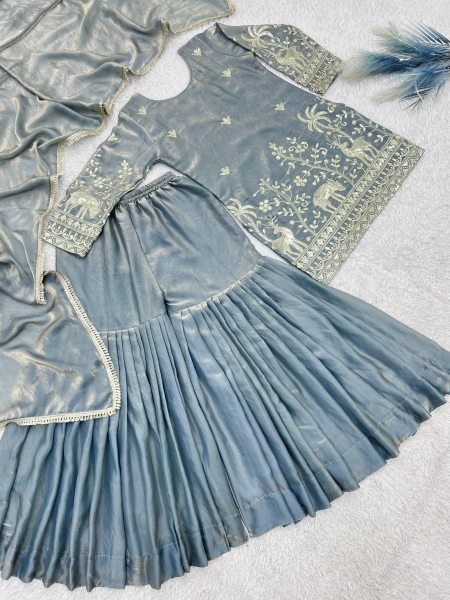 Artisanal Grey Frendy Silk Embroidered Kurti Sharara Set with Designer Dupatta Ready To Wear Collection