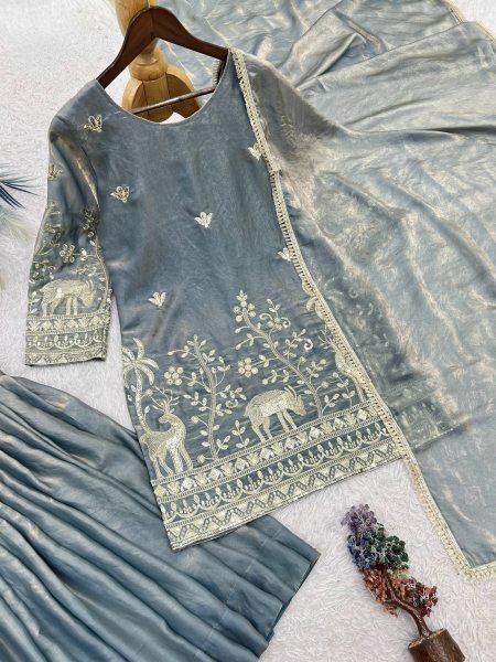 Artisanal Grey Frendy Silk Embroidered Kurti Sharara Set with Designer Dupatta Ready To Wear Collection