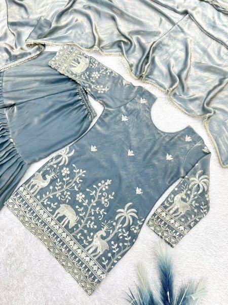 Artisanal Grey Frendy Silk Embroidered Kurti Sharara Set with Designer Dupatta Ready To Wear Collection