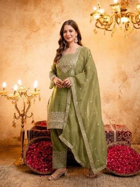 Artisanal Mahendi Green Crunchy Embroidered Kurti Salwar Dupatta Set for Women Kurtis