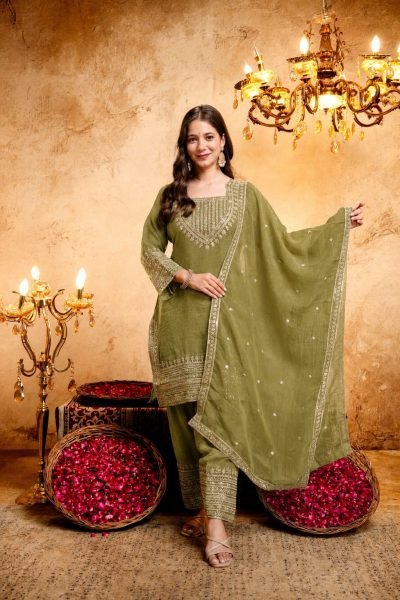 Artisanal Mahendi Green Crunchy Embroidered Kurti Salwar Dupatta Set for Women 3 Piece Kurti Set
