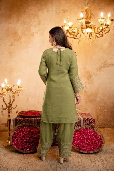 Artisanal Mahendi Green Crunchy Embroidered Kurti Salwar Dupatta Set for Women 3 Piece Kurti Set