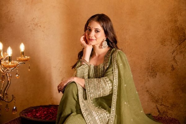 Artisanal Mahendi Green Crunchy Embroidered Kurti Salwar Dupatta Set for Women 3 Piece Kurti Set