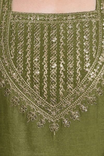 Artisanal Mahendi Green Crunchy Embroidered Kurti Salwar Dupatta Set for Women 3 Piece Kurti Set