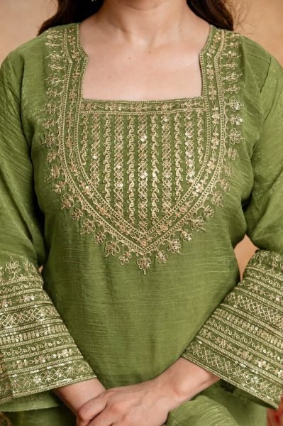 Artisanal Mahendi Green Crunchy Embroidered Kurti Salwar Dupatta Set for Women 3 Piece Kurti Set