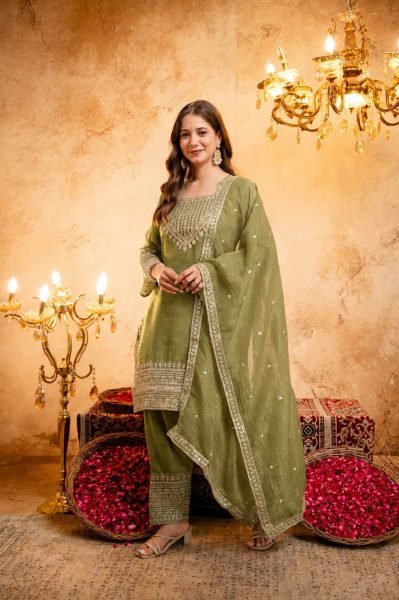 Artisanal Mahendi Green Crunchy Embroidered Kurti Salwar Dupatta Set for Women 3 Piece Kurti Set