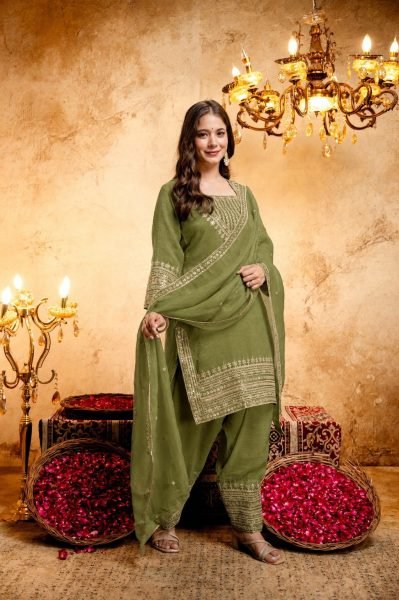 Artisanal Mahendi Green Crunchy Embroidered Kurti Salwar Dupatta Set for Women 3 Piece Kurti Set