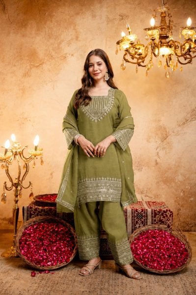 Artisanal Mahendi Green Crunchy Embroidered Kurti Salwar Dupatta Set for Women 3 Piece Kurti Set