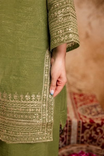 Artisanal Mahendi Green Crunchy Embroidered Kurti Salwar Dupatta Set for Women 3 Piece Kurti Set