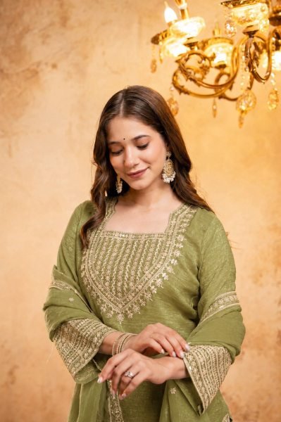 Artisanal Mahendi Green Crunchy Embroidered Kurti Salwar Dupatta Set for Women 3 Piece Kurti Set