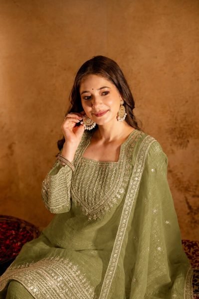 Artisanal Mahendi Green Crunchy Embroidered Kurti Salwar Dupatta Set for Women 3 Piece Kurti Set