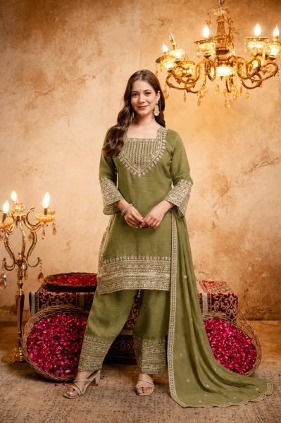 Artisanal Mahendi Green Crunchy Embroidered Kurti Salwar Dupatta Set for Women 3 Piece Kurti Set