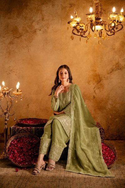 Artisanal Mahendi Green Crunchy Embroidered Kurti Salwar Dupatta Set for Women 3 Piece Kurti Set