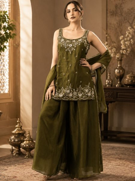 Artisanal Mahendi Green Designer Fully Stitched Chartin Kurti Pant Set with Dupatta Kurtis