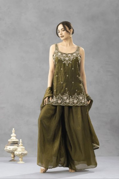 Artisanal Mahendi Green Designer Fully Stitched Chartin Kurti Pant Set with Dupatta 3 Piece Kurti Set