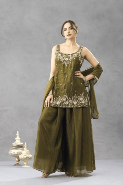 Artisanal Mahendi Green Designer Fully Stitched Chartin Kurti Pant Set with Dupatta 3 Piece Kurti Set