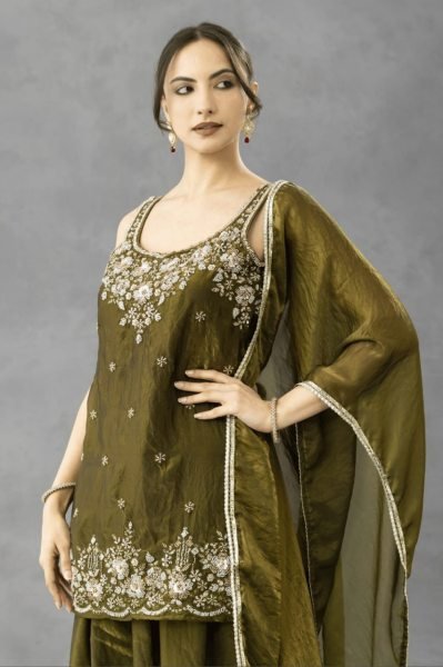 Artisanal Mahendi Green Designer Fully Stitched Chartin Kurti Pant Set with Dupatta 3 Piece Kurti Set