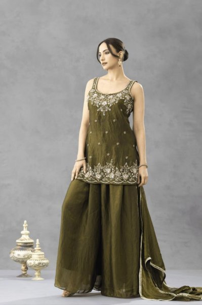 Artisanal Mahendi Green Designer Fully Stitched Chartin Kurti Pant Set with Dupatta 3 Piece Kurti Set