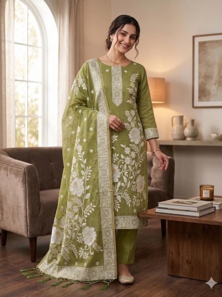 Artisanal Mahendi Green Jamdani Cotton Suit with Tassel Dupatta for Ethnic Fashion Dress Material 