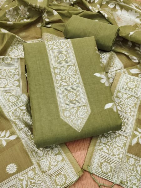 Artisanal Mahendi Green Jamdani Cotton Suit with Tassel Dupatta for Ethnic Fashion Cotton Dress Material