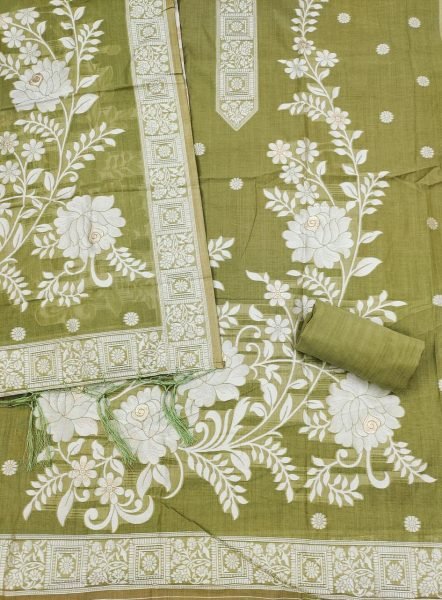 Artisanal Mahendi Green Jamdani Cotton Suit with Tassel Dupatta for Ethnic Fashion Cotton Dress Material