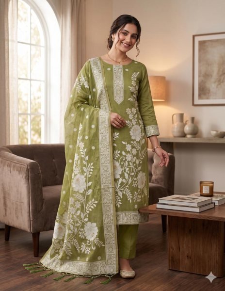 Artisanal Mahendi Green Jamdani Cotton Suit with Tassel Dupatta for Ethnic Fashion Cotton Dress Material