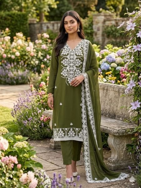 Artisanal Mahendi Green Party Wear Georgette Suit with Multi Aari Work and Santoon Bottom 