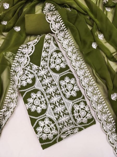 Artisanal Mahendi Green Party Wear Georgette Suit with Multi Aari Work and Santoon Bottom Color Set Matching Dress Material Wholesale