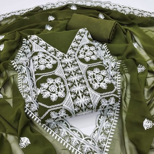 Artisanal Mahendi Green Party Wear Georgette Suit with Multi Aari Work and Santoon Bottom Color Set Matching Dress Material Wholesale