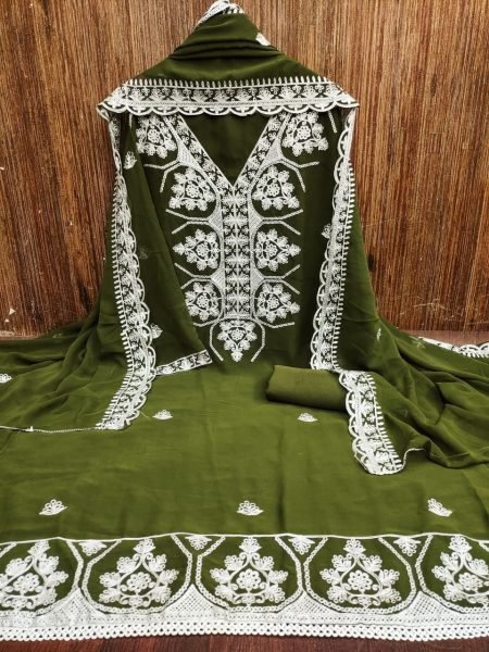 Artisanal Mahendi Green Party Wear Georgette Suit with Multi Aari Work and Santoon Bottom Color Set Matching Dress Material Wholesale