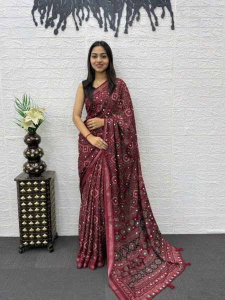 Artisanal Maroon Mal Cotton Saree with Real Mirror Work for Festive Wear Sarees 