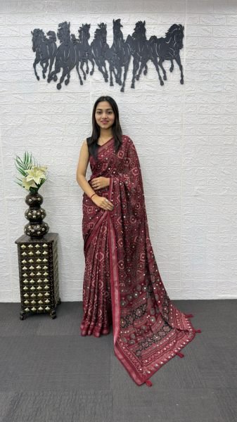 Artisanal Maroon Mal Cotton Saree with Real Mirror Work for Festive Wear Printed Cotton Sarees Wholesale