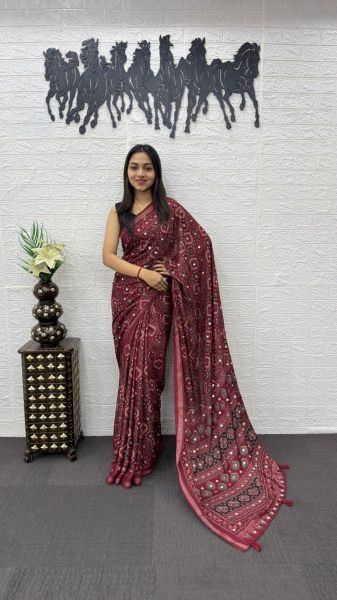 Artisanal Maroon Mal Cotton Saree with Real Mirror Work for Festive Wear Printed Cotton Sarees Wholesale