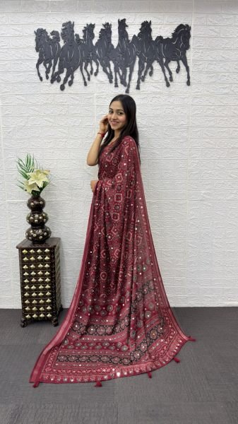 Artisanal Maroon Mal Cotton Saree with Real Mirror Work for Festive Wear Printed Cotton Sarees Wholesale