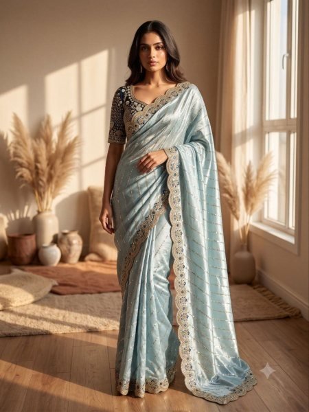 Artisanal Mint Blue Soft Space Silk Saree with Beads Sequins Work at Wholesale Rate 