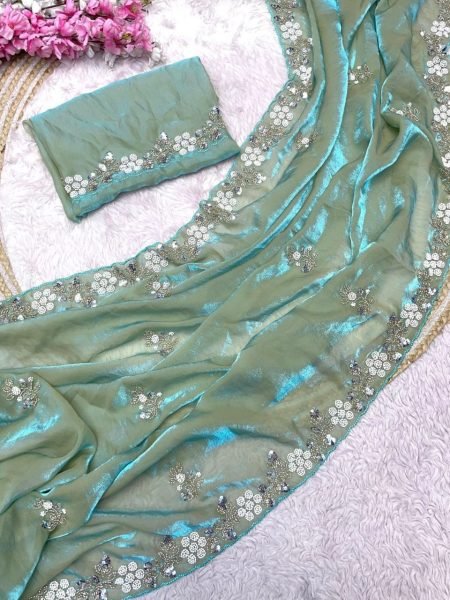 Artisanal Mint Green Designer Fandy Satin Saree with All Over Aarco Border Work Bollywood Fancy Sarees Wholesale