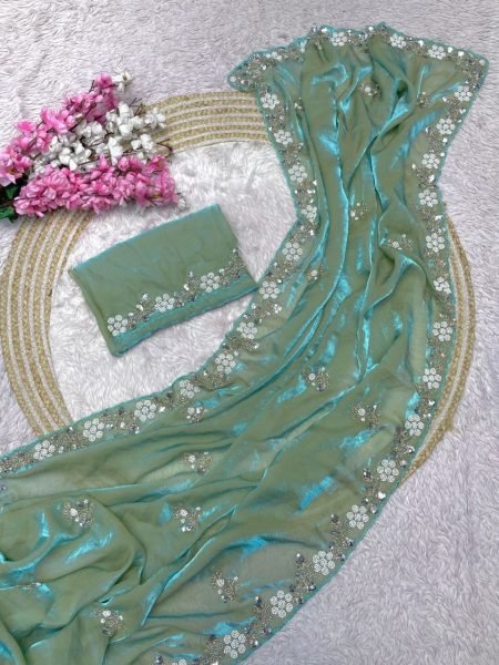 Artisanal Mint Green Designer Fandy Satin Saree with All Over Aarco Border Work Bollywood Fancy Sarees Wholesale