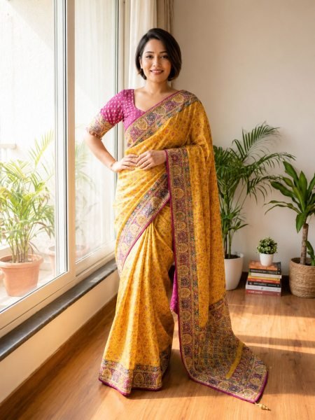 Artisanal Mustard Yelllow Soft Chinnon Printed Saree with Mirror and Diamond Hand Work 