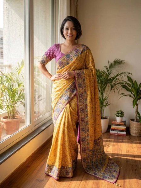 Artisanal Mustard Yelllow Soft Chinnon Printed Saree with Mirror and Diamond Hand Work Printed Cotton Sarees Wholesale