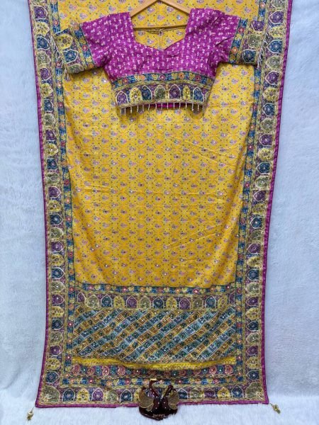Artisanal Mustard Yelllow Soft Chinnon Printed Saree with Mirror and Diamond Hand Work Printed Cotton Sarees Wholesale