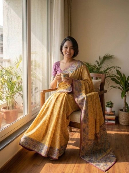 Artisanal Mustard Yelllow Soft Chinnon Printed Saree with Mirror and Diamond Hand Work Printed Cotton Sarees Wholesale