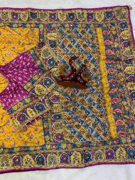 Artisanal Mustard Yelllow Soft Chinnon Printed Saree with Mirror and Diamond Hand Work Printed Cotton Sarees Wholesale